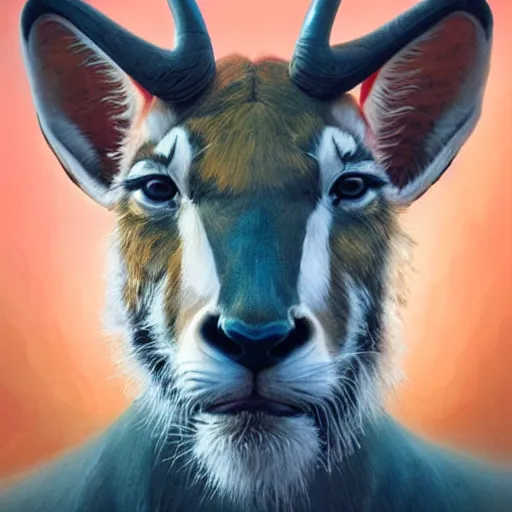 Image similar to a dramatic head portrait of a antelope in!! tiger skin, cinematic lighting, symmetric face by karol bak, christopher balaskas