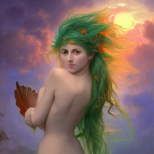 Image similar to a beautiful stunning interesting detailed fantasy whimsical matte digital portrait illustration of a mermaid with blue-green hair, yellow-orange and red-violet spectacular sunset, in the style of William Adolphe-Bouguereau and Marc Simonetti, magic the gathering, trending on artstation hq, contest winner