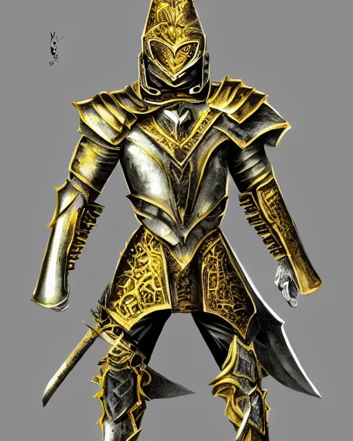 Image similar to fantasy warrior in full armor, silver with gold trim, concept art, minimal, deviantart, trending on artstation,