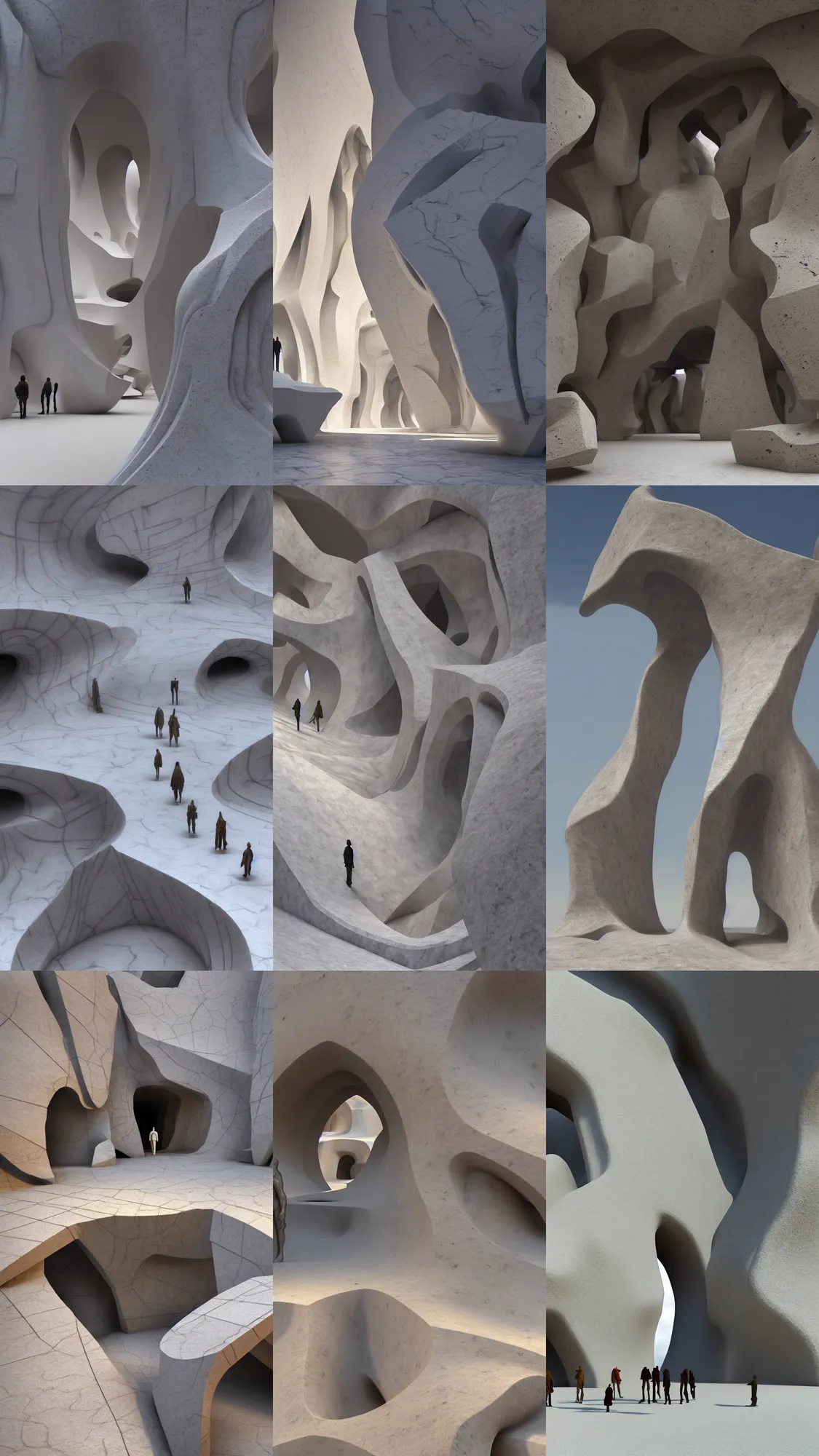 Prompt: the inside of a stone marble sculpture monument by arthur haas and bruce pennington and john schoenherr, architecture by zaha hadid, octane render, warm colour scheme, white, cinematic, scenery, high detail, high quality, close up angle, people walking