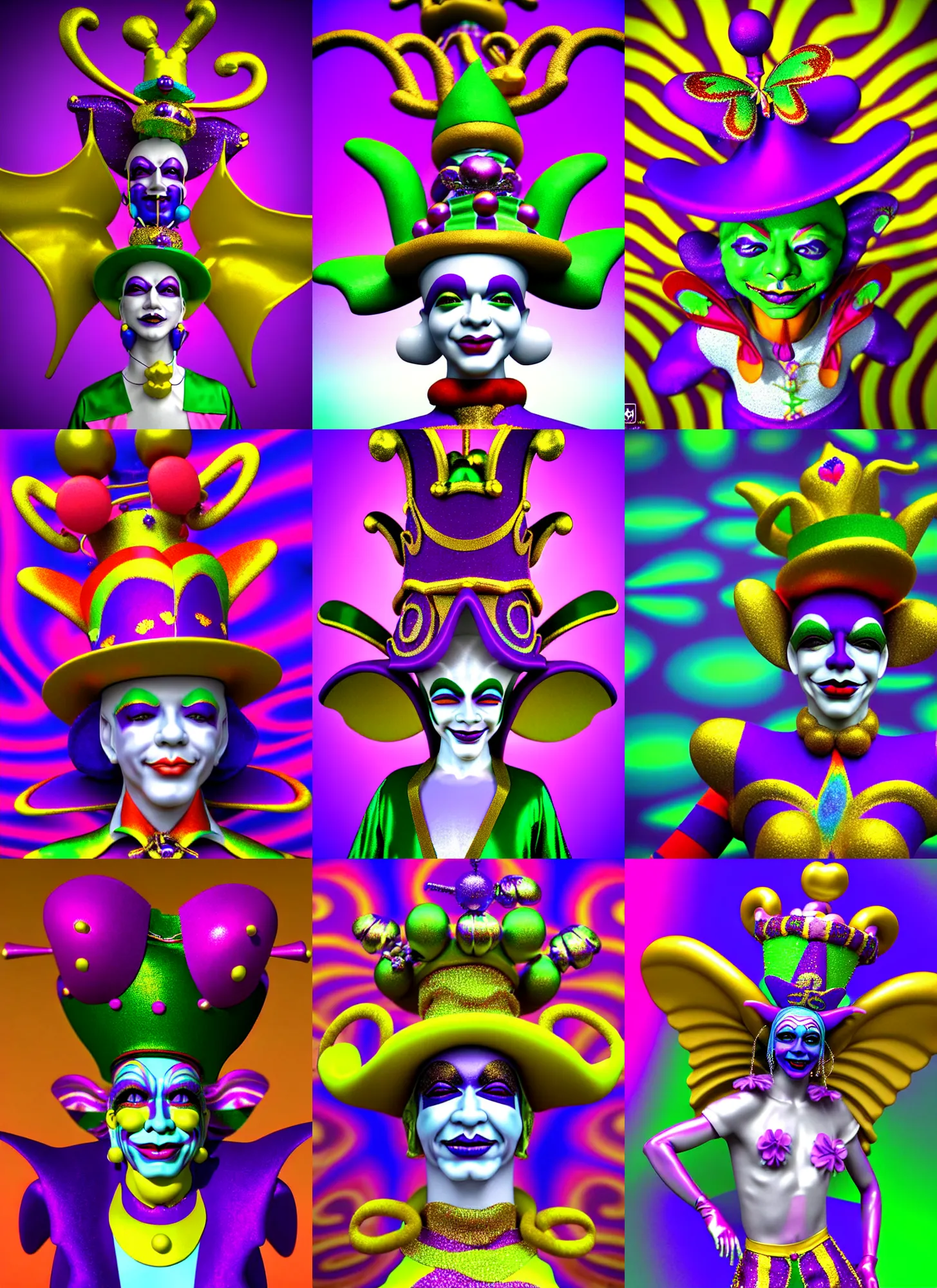 Prompt: 3d render of mardi gras jester doll by Ichiro Tanida wearing a jester hat and wearing angel wings against a psychedelic swirly background with 3d butterflies and 3d flowers n the style of 1990's CG graphics 3d rendered y2K aesthetic by Ichiro Tanida, 3DO magazine