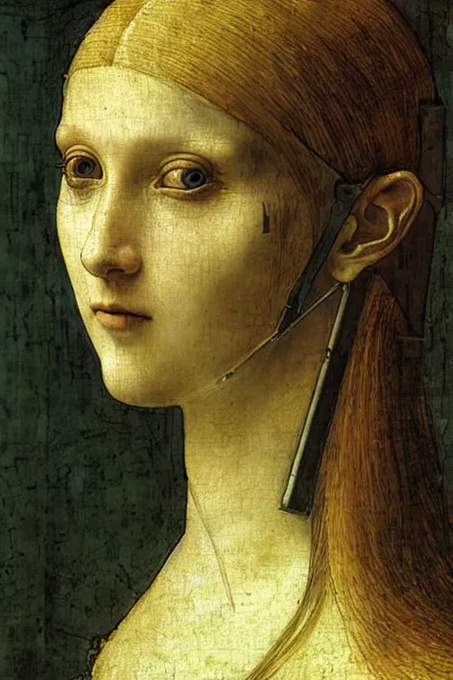 Image similar to a close - up portrait of a cyberpunk cyborg girl, by leonardo davinci, rule of thirds