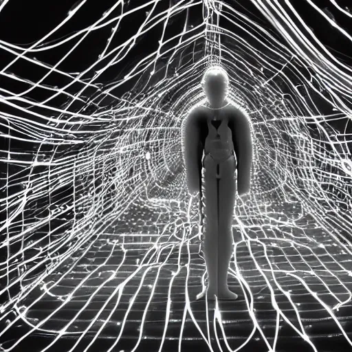 Image similar to nervous system made of wires and alien technology in a white room with glowing leds, hyper detailed, surreal concept art, apocalyptic, realistic, alive, industrial, tech, black and white photo on film, grain, cyborg, futuristic, humanoid, dream,