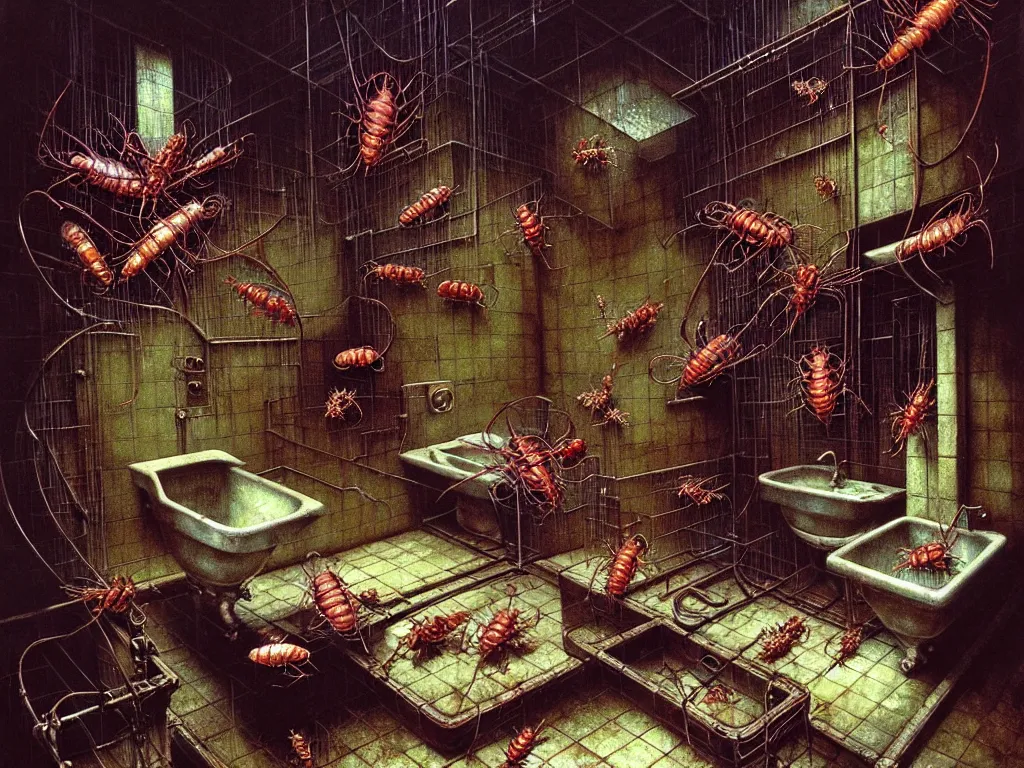 Prompt: photo of cockroaches taking a bath in an old dirty soviet bathroom, by ayami kojima, amano, karol bak, neo - gothic, gothic, rich deep colors. beksinski painting, from a movie by david cronenberg. masterpiece. realistic detailed image