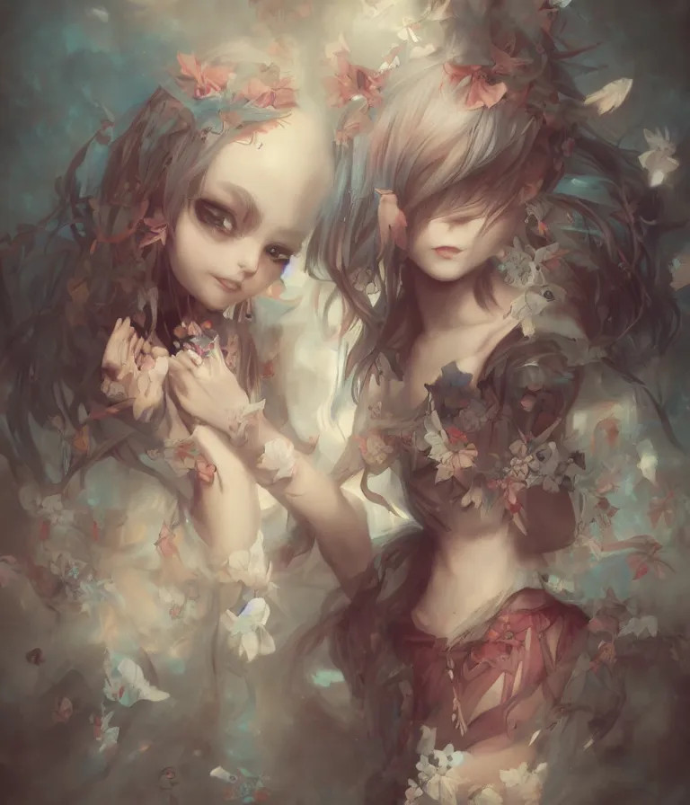 Prompt: concept art, artstation, anime 3 d art, wlop art, realistic alice cute girl painting, japanese street fashion, hyper realism, muted colours, rococo, natalie shau, anime, tom bagshaw style