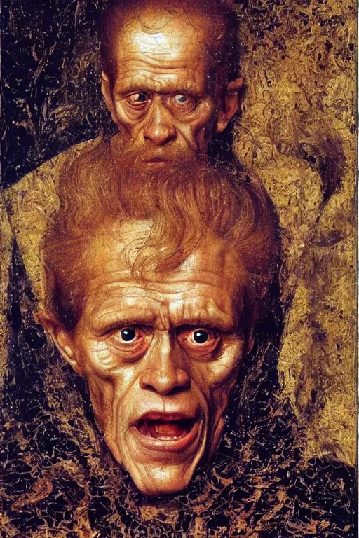 Prompt: portrait of willem dafoe with too many face wrinkles, oil painting by jan van eyck, northern renaissance art, oil on canvas, wet - on - wet technique, realistic, expressive emotions, intricate textures, illusionistic detail