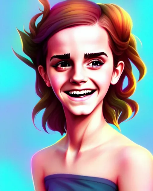 Image similar to beautiful full body Emma Watson goofy smiling illustration by lois van baarle and loish and ross tran and rossdraws and sam yang and samdoesarts and artgerm, digital art, highly detailed, intricate, sharp focus, Trending on Artstation HQ, deviantart