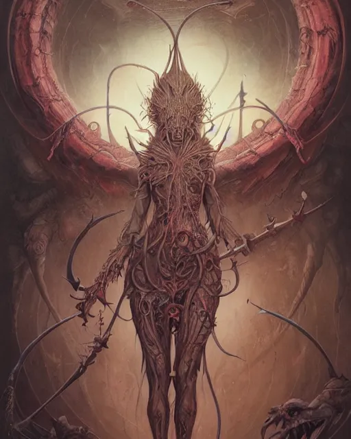 Image similar to perfectly centered portrait front view of a angry dead rotten beautiful female daemon growing ornamentation, ornate, detailed, symmetrical, elegant, beautifully soft lit, by wayne barlowe, peter mohrbacher, kelly mckernan