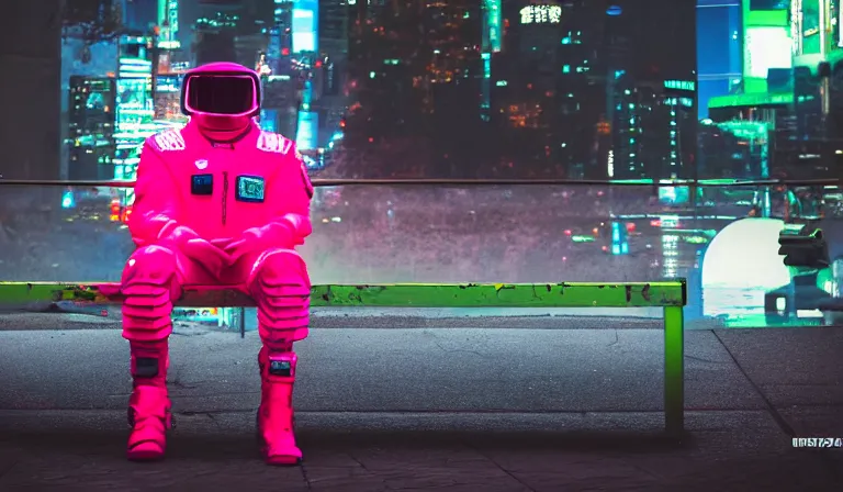 Image similar to neon cyberpunk spaceman suit sitting on a bench in the middle of a cyberpunk park, close shot, 8k, cinematic, epic, ultra detailed, award winning, trending on artstationHD, dramatic