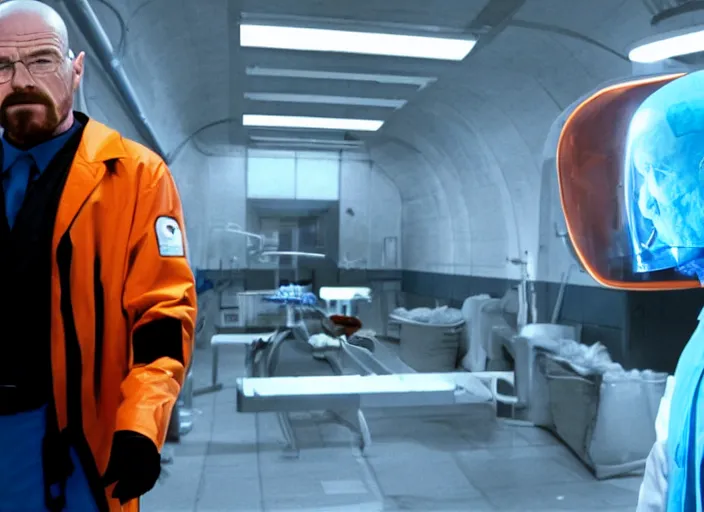 Prompt: film still of Walter White !!!with hair on his head!!! as Gordan Freeman in an underground lab facility wearing a black HEV suit with an orange lambda logo in front with a glowing blue portal in the background in the Half Life Movie, 4k