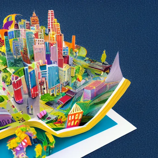 Image similar to A story book with pop up cities on its pages. 3D Render, colorful, magical.