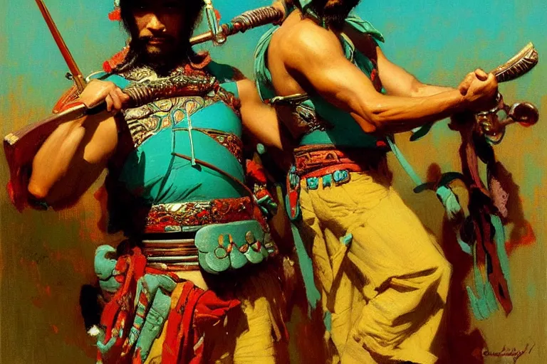 Image similar to turquoise samurai painting by gaston bussiere, craig mullins, j. c. leyendecker