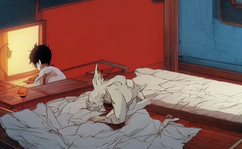 Image similar to the living being awoke from its slumber beneath the bed frame, digital painting masterpiece, haunting beautiful brush strokes, painted by Moebius and Hayao Miyazaki and Akira Toriyama