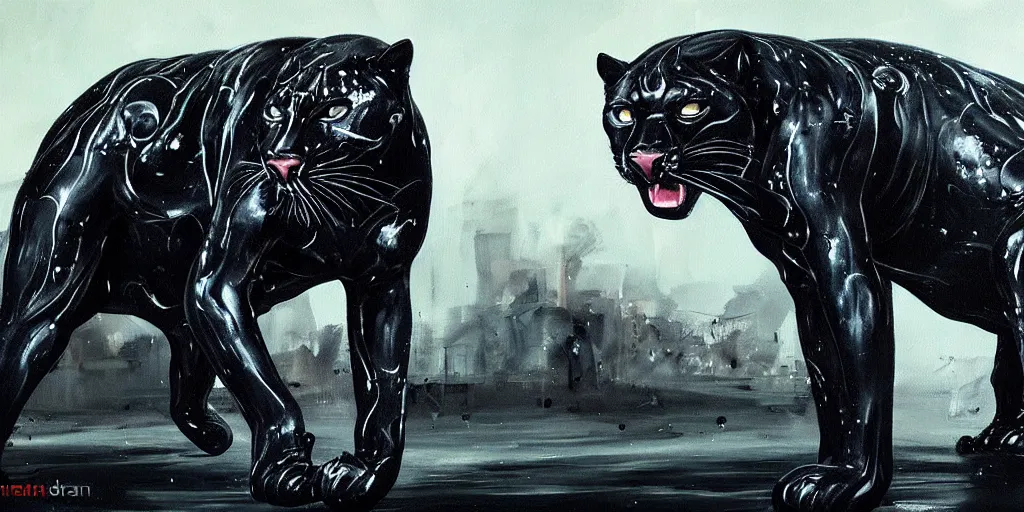 Image similar to the panther made of black goo, dripping tar, drooling ferrofluid, prowling through a suburban neighborhood. painting, environment art, realistic, detailed