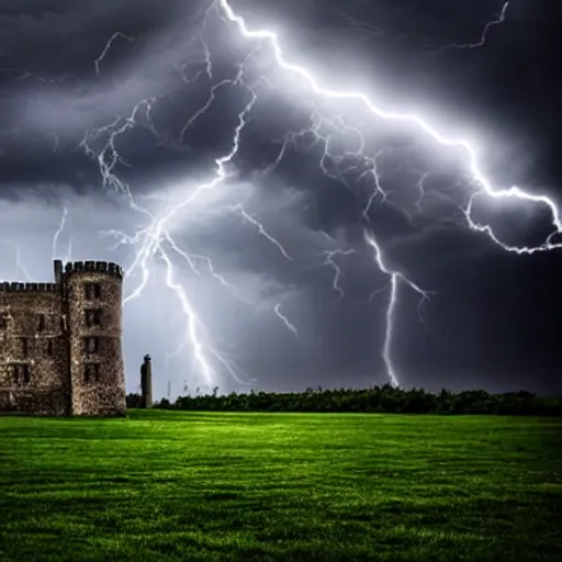 Prompt: dark stormy castle, thunder and lightning, atmospheric