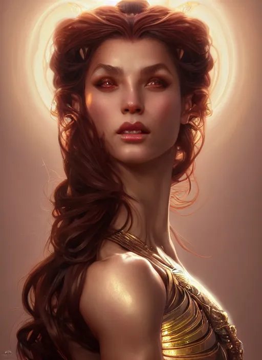 Image similar to muscular goddess dancer of the underworld, crooked nose, shiny, intricate, elegant, higly detailed, ultra definition, digital painting, artstation, vray, concept art, smooth, high speed photography, illustration, art by artgerm and greg rutkowski and alphonse mucha and james jean