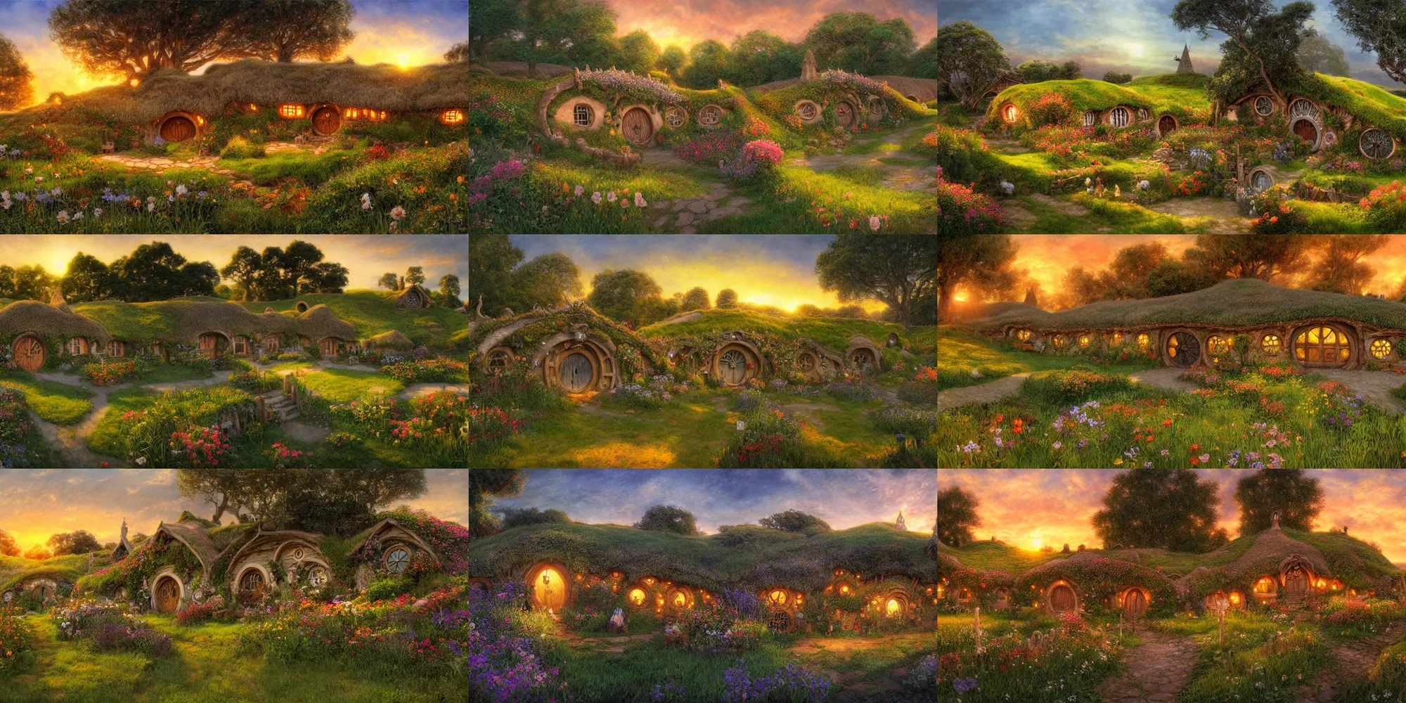 Prompt: Hobbiton in full bloom at sunset by Alan Lee, intricate, highly detailed, digital painting, artstation, concept art, smooth, sharp focus, illustration, vfx