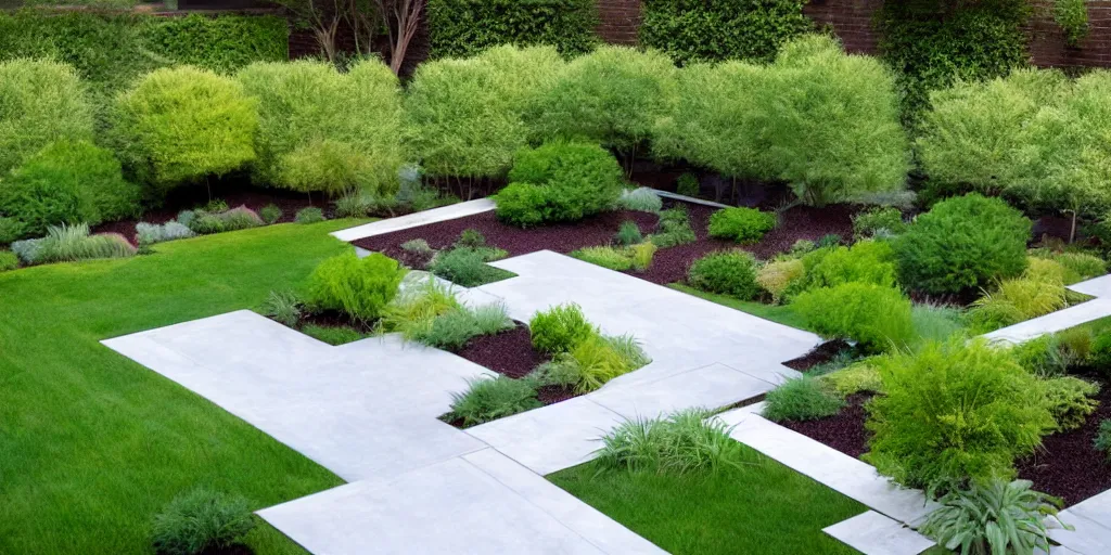 Image similar to overhead plans contemporary rectanguar minimal landscape garden, planting, tree, in the style of frank lloyd wright inspiration.