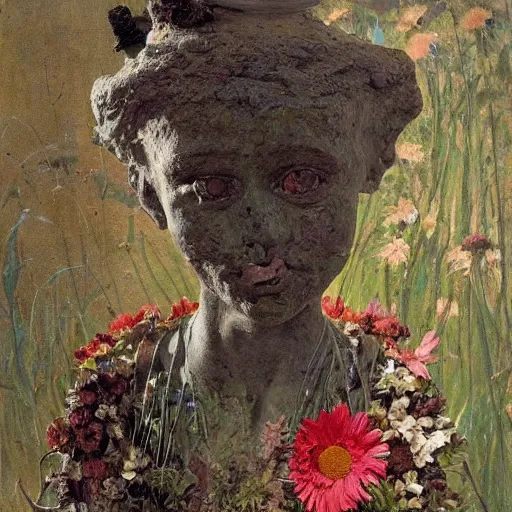 Prompt: a sculpture portrait made of papper and sand and flowers and plants, painting part by wojciech siudmak, part by ilya repin, part by max ernst, part by norman rockwell, artstation