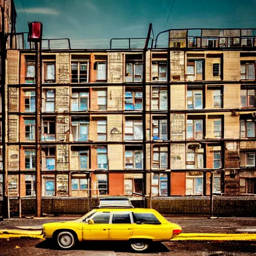 Prompt: low angle shot of right corner of russian car in soviet yard with block of flats, low grain film, masterpiece, blur, in style of william egglestone