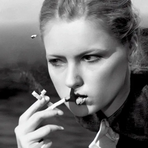 Prompt: iconic film still of seagull smoking cigarette