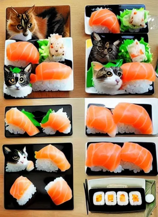 Image similar to clear photorealistic picture of adorable cats made out of sushi