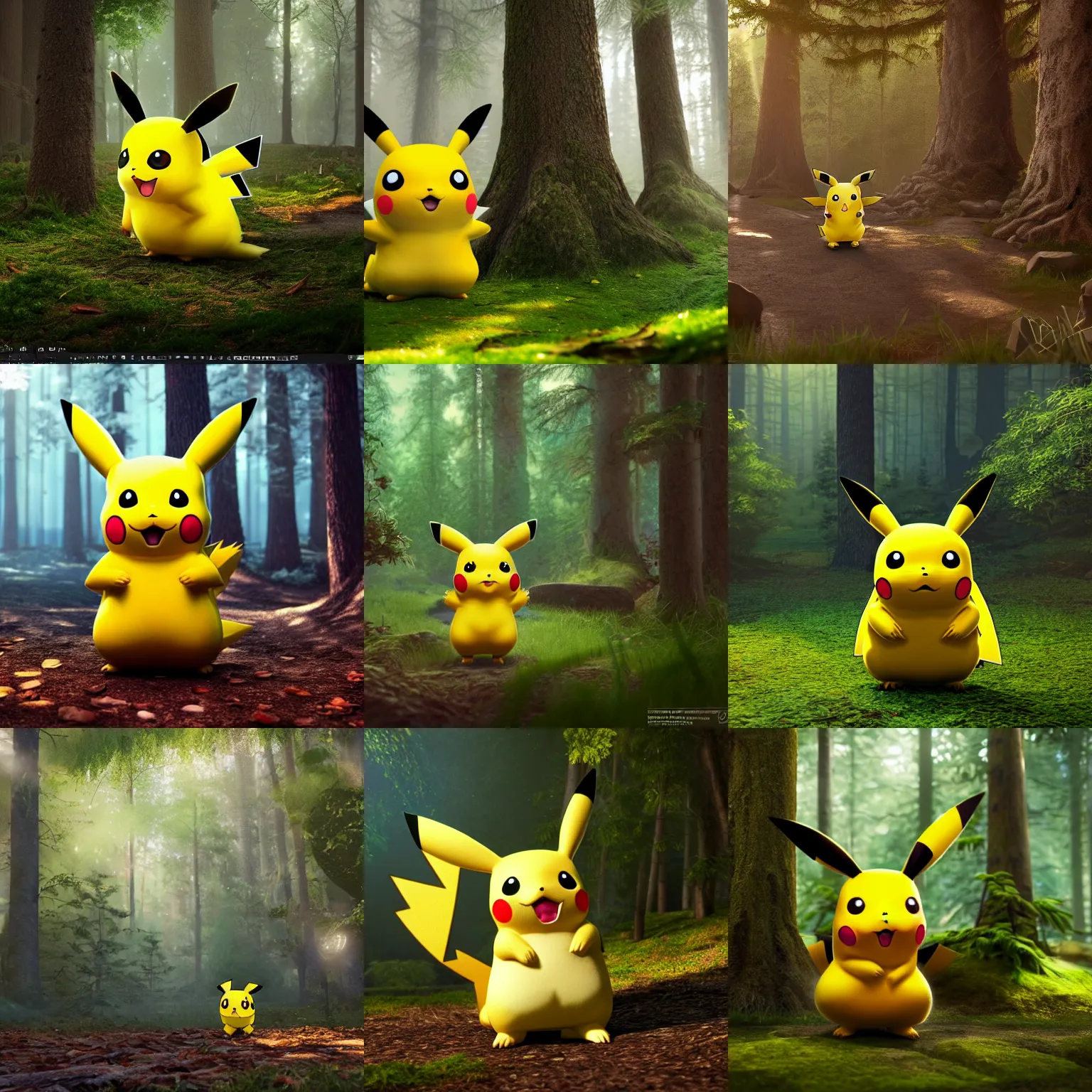 Prompt: a magical pikachu with fur in a forest, digital art, wide shot, highly detailed, hyperrealistic, photorealistic, unreal engine 5, very detailed, made by a professional 3d artist, dynamic lighting, trending on artstation, 4k uhd, epic composition, masterpiece