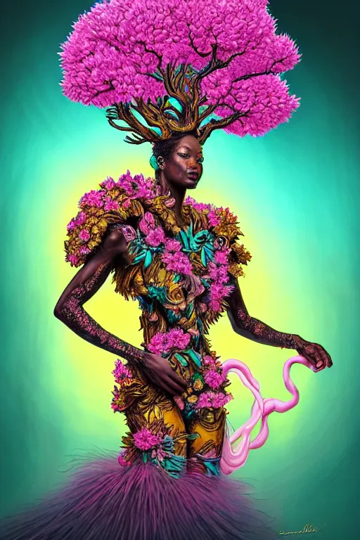 Image similar to illustration neo - rococo cinematic super expressive! yoruba goddess with exoskeleton armor, merging with tree in a forest, pink yellow flowers, highly detailed digital art masterpiece, smooth etienne sandorfi eric zener dramatic pearlescent soft teal light, ground angle hd 8 k, sharp focus