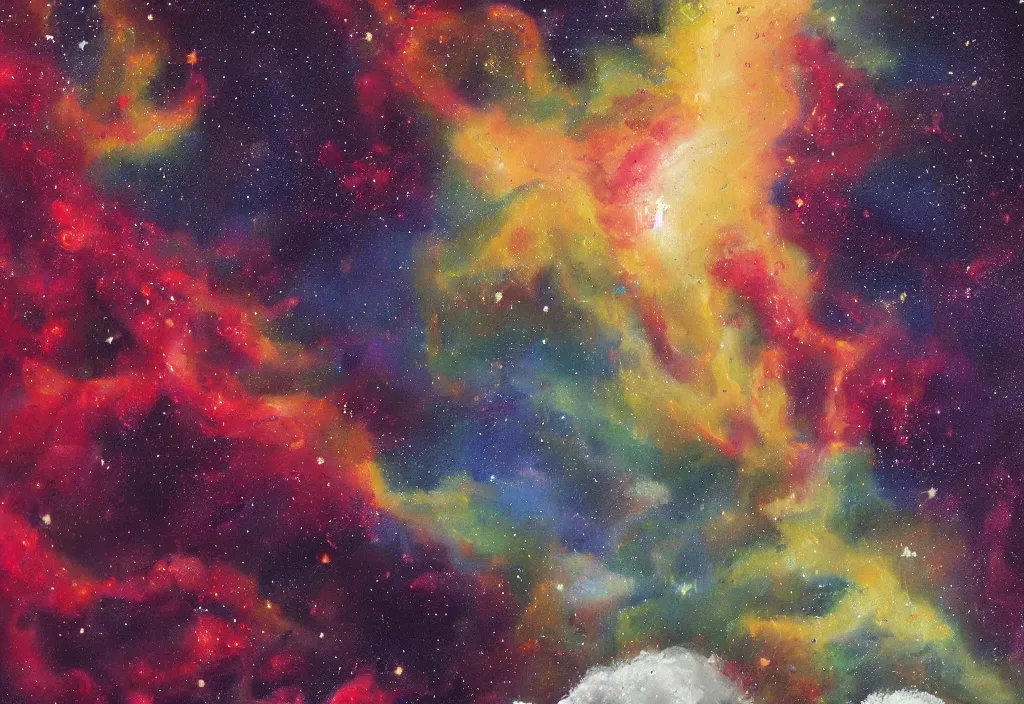 Image similar to A very beautiful and very detailed painting of wine spilling into space and forming a nebula. Trending, Professional, High quality, High resolution, Dynamic