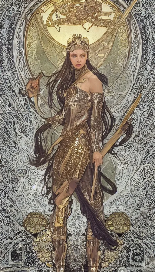 Image similar to soldiers in silver armor, highly detailed, very intricate, art nouveau, gold filigree, left right symmetry, tarot concept art watercolor illustration by mandy jurgens and alphonse mucha and alena aenami, featured on artstation