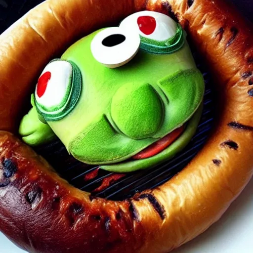 Prompt: pepe the frog in a hot dog bun on a grill.