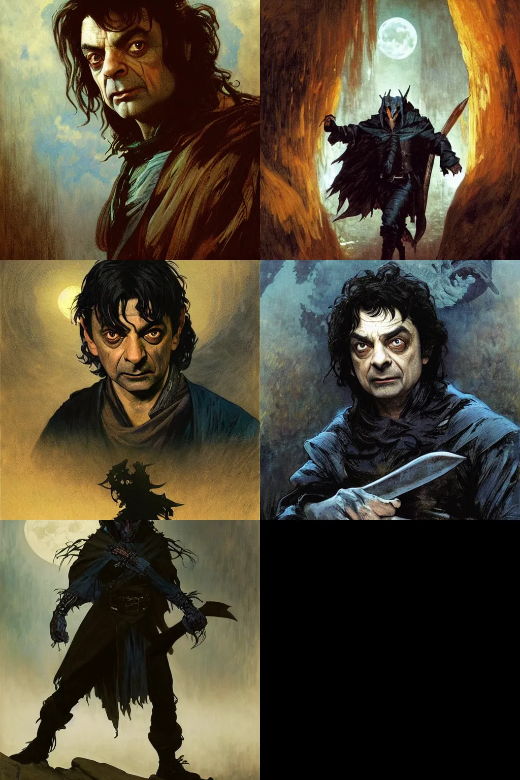 Prompt: Rowan Atkinson, as a Solomon Kane, a badass monster hunter, full moon, blue tones, dramatic, high contrast, dark fantasy, photorealistic, character concept art by Goya, Alphonse Mucha, Greg Rutkowski and J.Dickenson