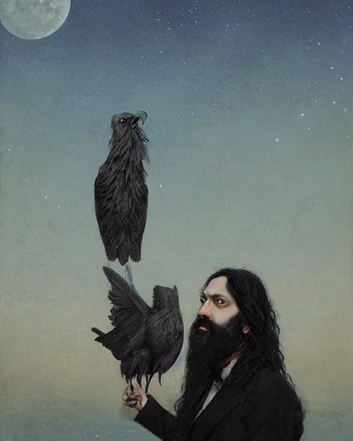 Prompt: portrait of a man with long black hair and beard holding a bird, full moon in the background, fine portrait, beautiful, concept art, by greg rutkowski, by jean delville