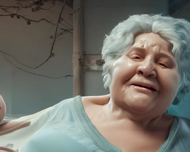 Image similar to of a very beautiful scene. ambient occlusion render. a sweet fat old woman is giving birth to a huge art book. hyper realistic. 4 k. wide angle. wild. symmetrical face, red mouth, blue eyes. deep focus, lovely scene. ambient occlusion render. concept art. unreal engine.