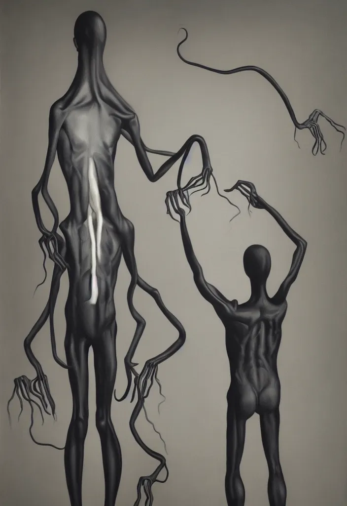 Image similar to a featureless slender humanoid being with long arms, an elegant suit and black, slimy tentacles coming out its shoulders. portrait, hyperrealism, painting by ken currie