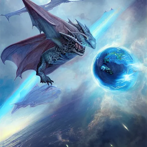 Image similar to Large blue scaled dragon devouring an earth like planet while flying in space, European four-legged dragon, sun system, nebula, oil painting, by Fernanda Suarez and Edgar Maxence and Greg Rutkowski