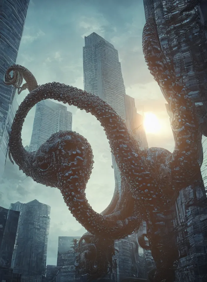 Prompt: A very giant Kraken-like multi-eyed monster jumped up with its jaws on a high-rise office building and wrapped his tentacles all around him. High detail, front view, photorealism, concept art, octane render, zoom, architecture, sunset, raytracing, 8k