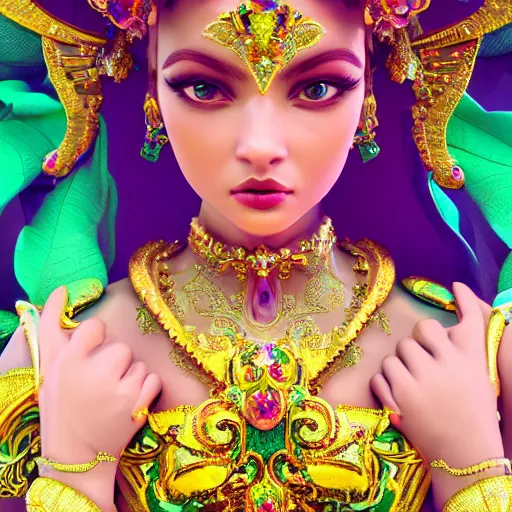 Prompt: photo of wonderful princess of emerald with fair skin, innocent, glowing, ornate and intricate, jaw dropping beauty, eyepopping colors, dynamic lighting, intricate and detailed, 4 k octane render