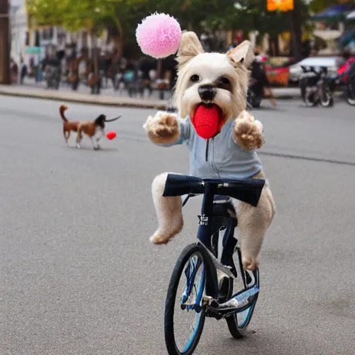 Prompt: dog riding a bike with funny hat that says LOL, 8k