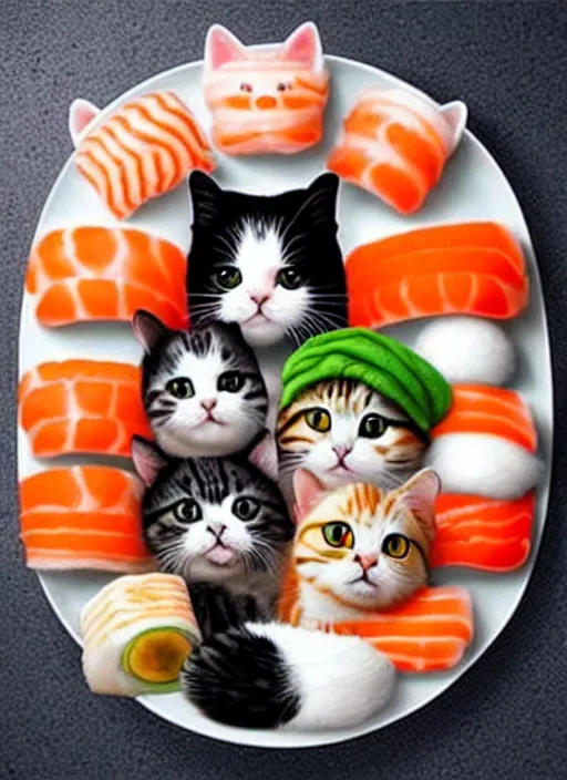 Image similar to clear photorealistic picture of adorable cats made out of sushi