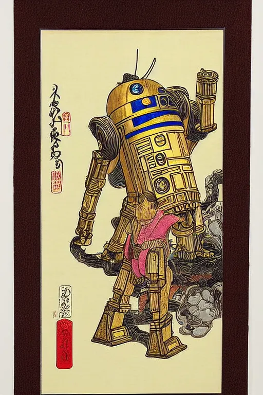 Prompt: Japanese woodblock print of C3PO and r2d2 , cherry blossom, Hokusai