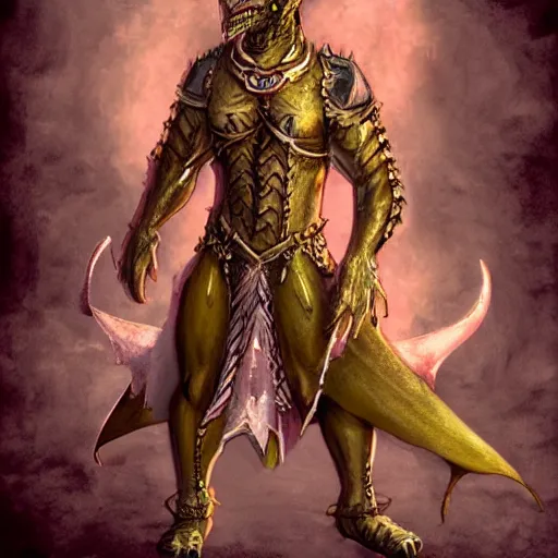 Image similar to anthropomorphic dragon man, dragonborn, dungeons and dragons, standing, wearing bikini armor, body shot