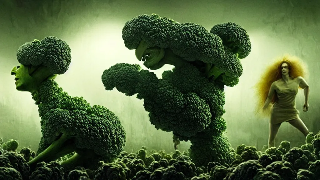 Prompt: the broccoli creature, film still from the movie directed by denis villeneuve and david cronenberg with art direction by salvador dali and karol bak, wide lens