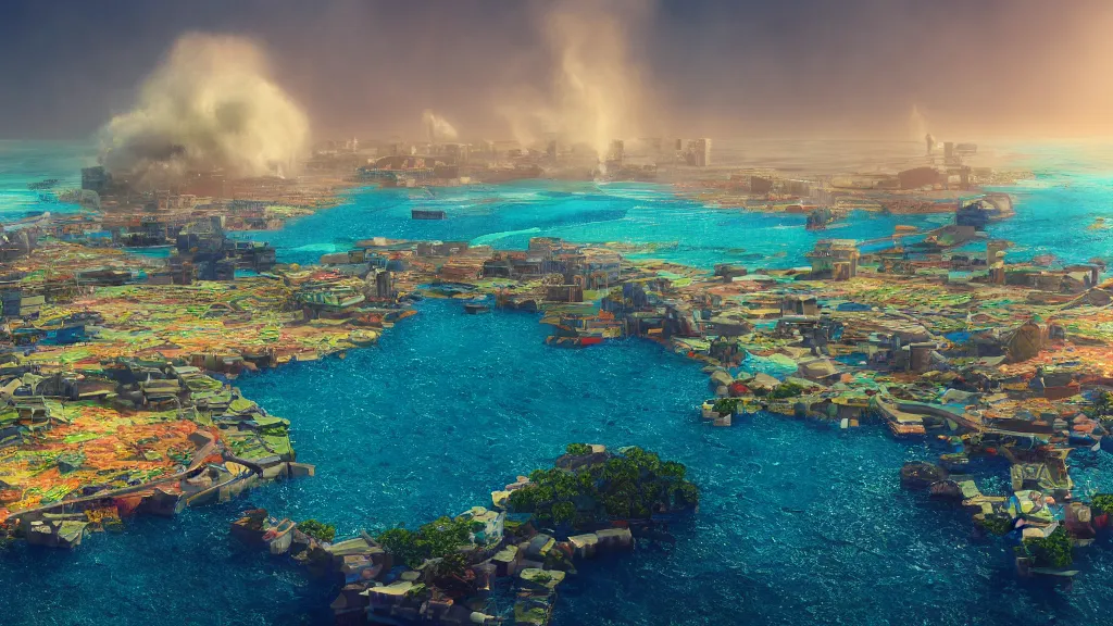 Prompt: a city floating on an island in the ocean, crashing waves, vivid color, far view, 3 5 mm dslr photograph, photorealistic, 4 k, rendered in octane