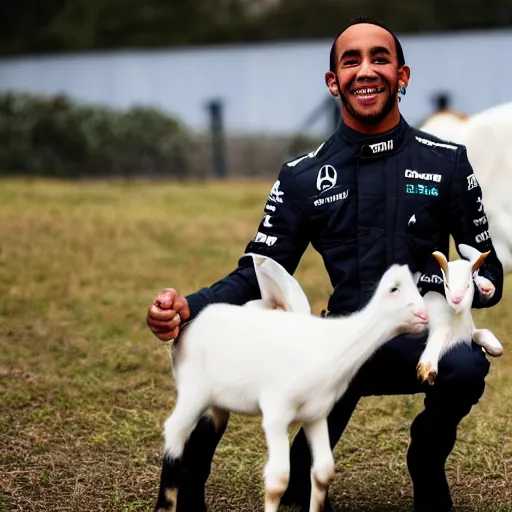 Image similar to an award winning photo of lewis hamilton holding a baby goat, 4 k