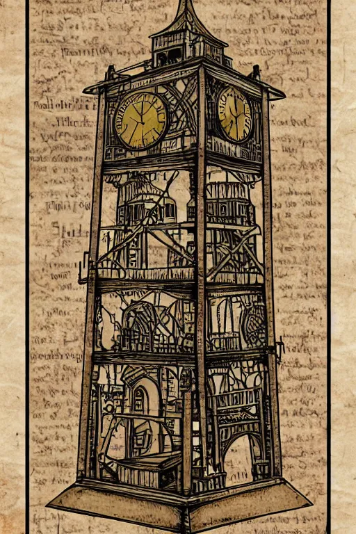 Prompt: the impossible clock tower, tower, building steampunk, papyrus, parchment