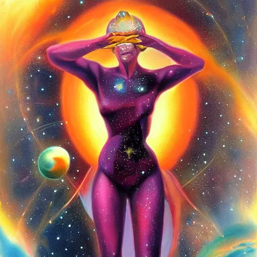 Prompt: A beautiful painting of a female cosmic being with a nebula as its body by Jim Burns, Trending on artstation.