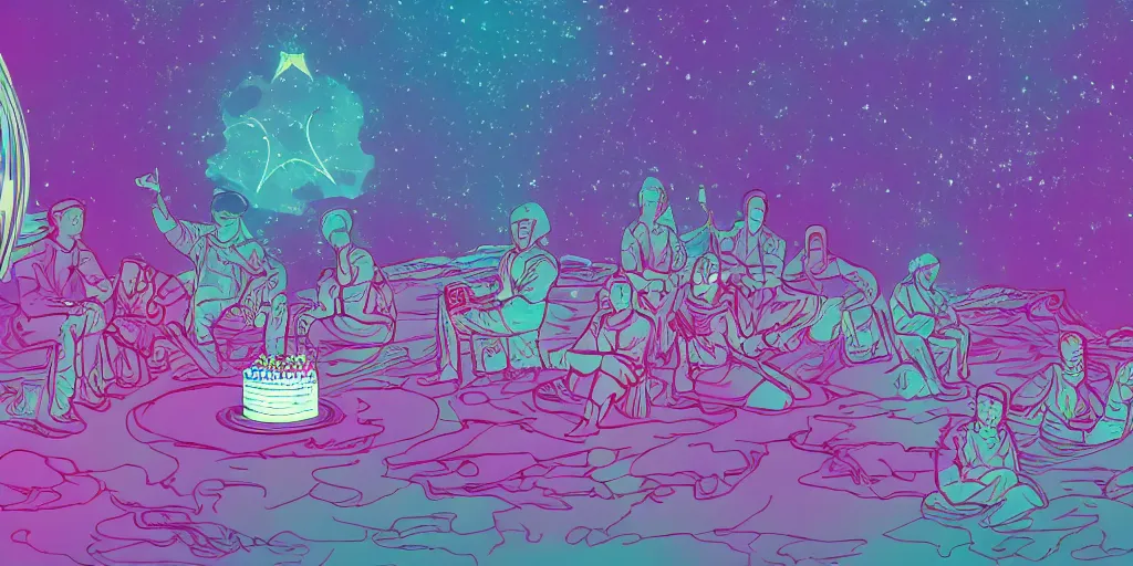 Prompt: twelve astronauts sitting by the river with a big holiday cake + psychedelic vegetation + purple, pink, blue + planets and stars + mystical fog, vintage sci - fi style of the 5 0 s, rule of the third!!!!, line graphics, 8 k, super detail, high quality