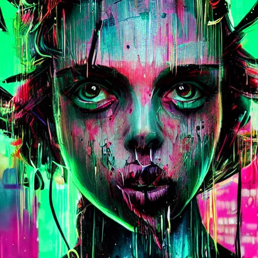 Prompt: splashes of neon, punk portrait made out of paint with rain in the background, trending on artstation, epic composition, emotional, beautiful, rendered in octane, highly detailed, realistic, tim burton comic book art, sharp focus, matte painting