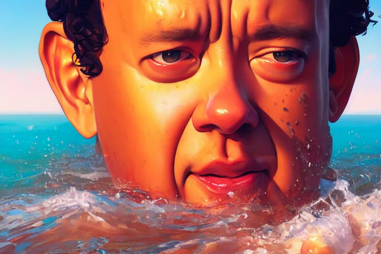 Image similar to portrait of tom hanks swimming in baked beans, an ocean filled of baked beans, charlie bowater, artgerm, ilya kuvshinov, krenz cushart, ruan jia, realism, ultra detailed, 8 k resolution